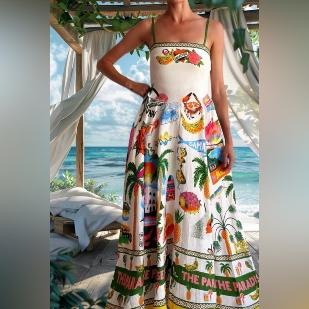 Tahitian Paradise Tropical Print High Waist Smocked Back Square Neck Midi Dress